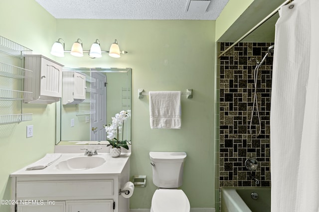 full bathroom with vanity, a textured ceiling, toilet, and shower / bathtub combination with curtain