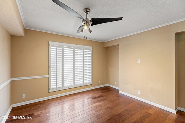 unfurnished room with a textured ceiling, hardwood / wood-style flooring, ceiling fan, and crown molding