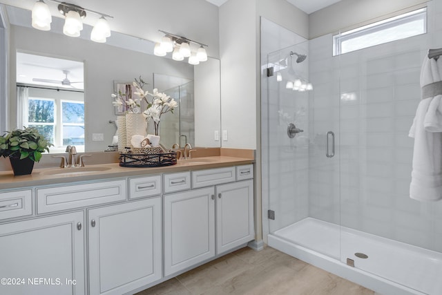 bathroom with a shower with shower door, hardwood / wood-style flooring, plenty of natural light, and vanity