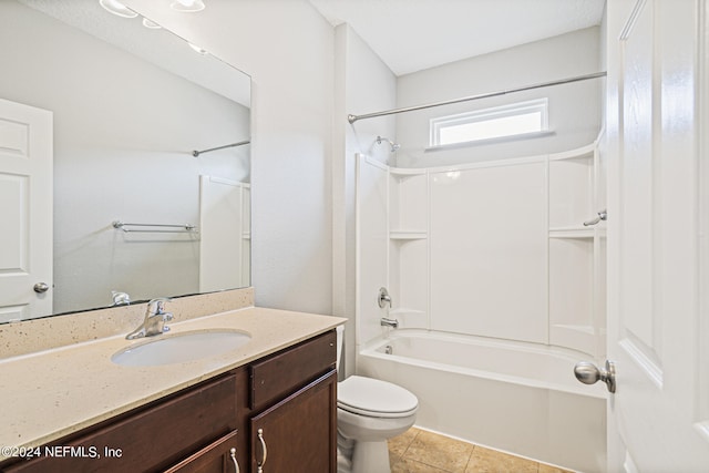 full bathroom featuring shower / bathing tub combination, vanity, tile patterned flooring, and toilet