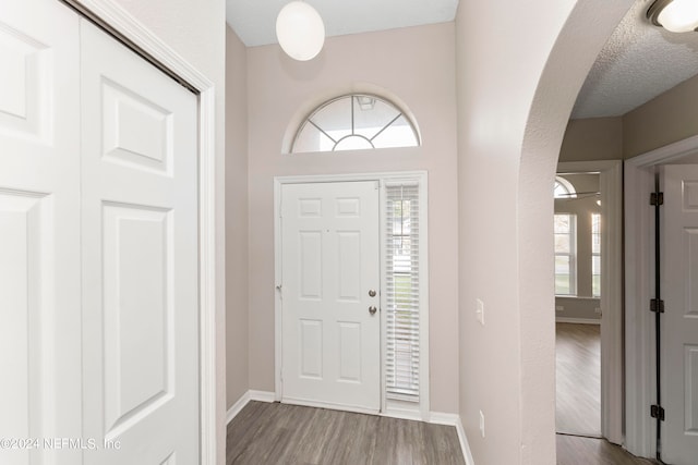 entrance foyer with a textured ceiling and wood-type flooring