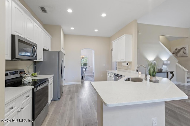 kitchen with light wood-type flooring, white cabinets, sink, kitchen peninsula, and appliances with stainless steel finishes