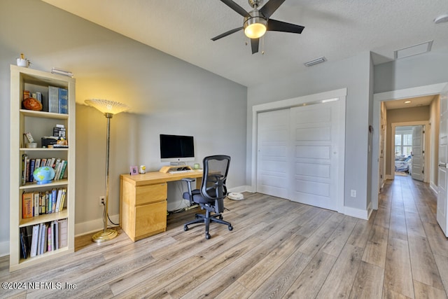 office space featuring light wood-type flooring, a textured ceiling, and ceiling fan