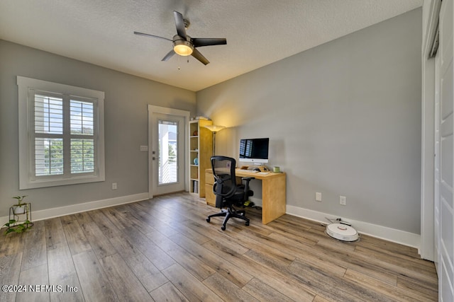 office space featuring ceiling fan, a textured ceiling, and light hardwood / wood-style flooring