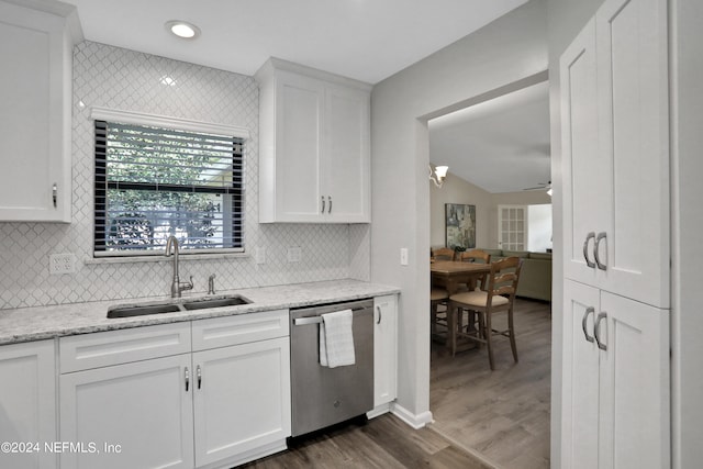 kitchen featuring white cabinetry, sink, dark wood-type flooring, and stainless steel dishwasher