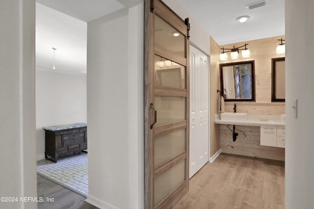 bathroom with wood walls, hardwood / wood-style flooring, and vanity