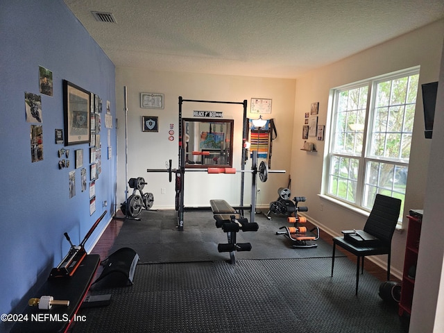 exercise area with a textured ceiling and a healthy amount of sunlight