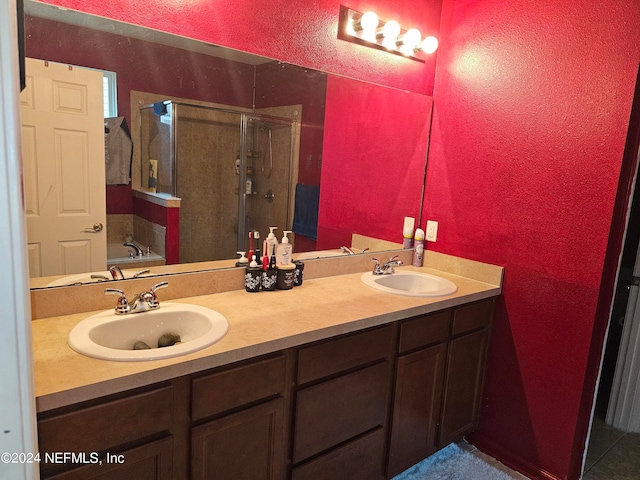 bathroom with vanity and plus walk in shower