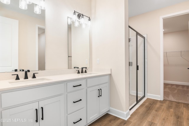 bathroom featuring a stall shower, a spacious closet, and a sink