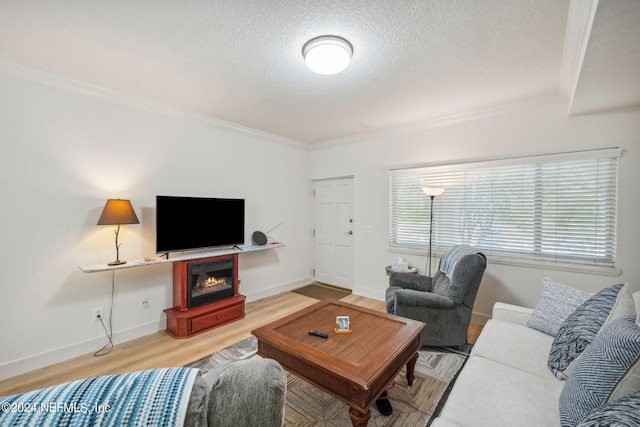 living room featuring a textured ceiling, crown molding, and hardwood / wood-style floors