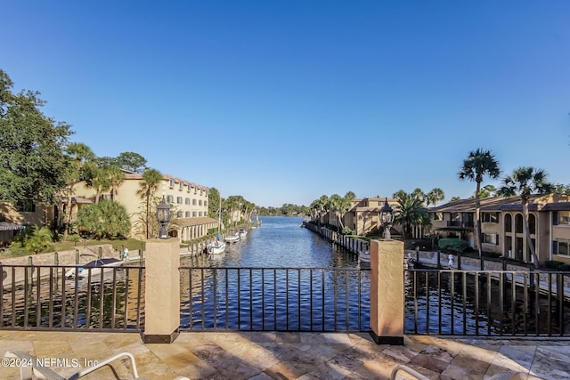 view of dock with a water view