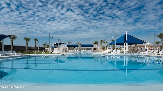 view of pool featuring a patio area and a water view