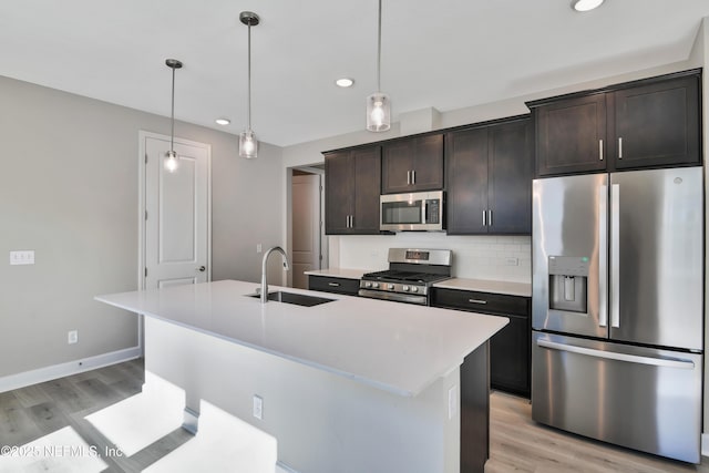 kitchen featuring stainless steel appliances, an island with sink, sink, and pendant lighting