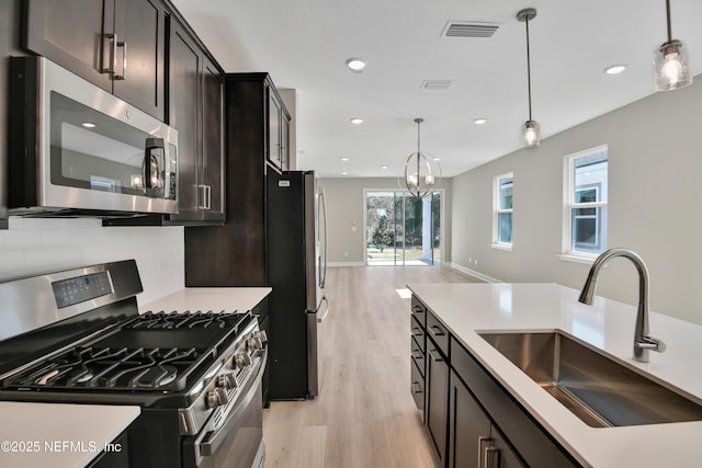 kitchen with appliances with stainless steel finishes, pendant lighting, sink, backsplash, and light hardwood / wood-style floors