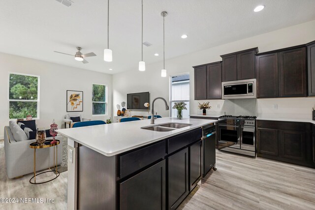 kitchen featuring a center island with sink, stainless steel appliances, sink, and a healthy amount of sunlight