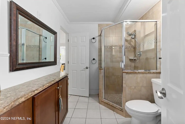 bathroom featuring an enclosed shower, tile patterned floors, ornamental molding, vanity, and toilet