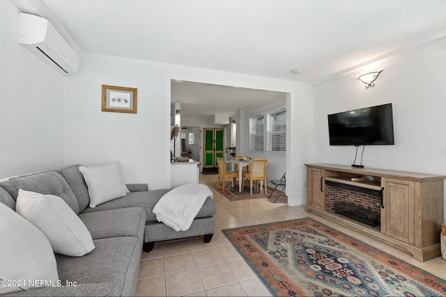 tiled living room with a fireplace and an AC wall unit