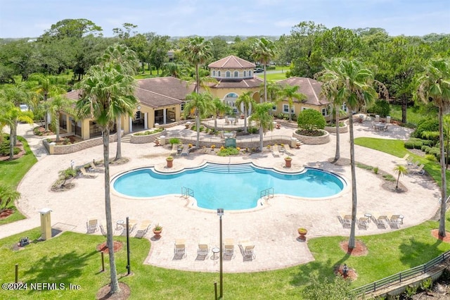 community pool with a lawn and a patio