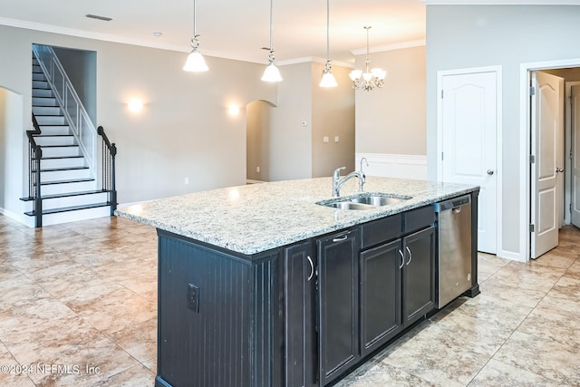 kitchen featuring a kitchen island with sink, hanging light fixtures, ornamental molding, sink, and stainless steel dishwasher