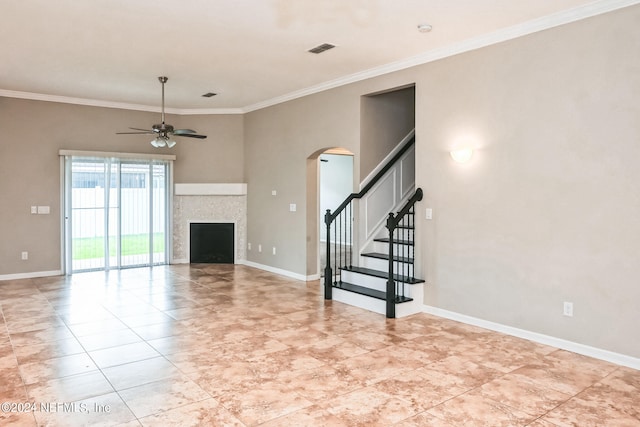 unfurnished living room with crown molding and ceiling fan