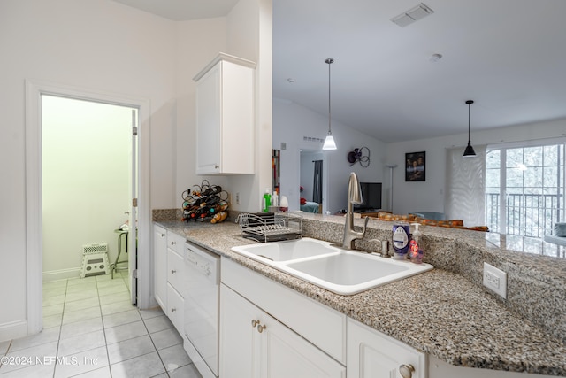 kitchen with dishwasher, hanging light fixtures, sink, and white cabinetry