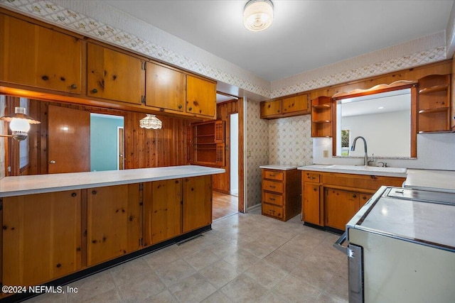 kitchen with stainless steel range oven, sink, and kitchen peninsula