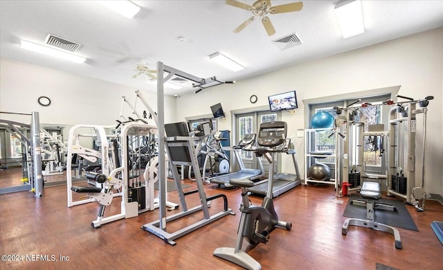 workout area with dark hardwood / wood-style flooring, a textured ceiling, and ceiling fan