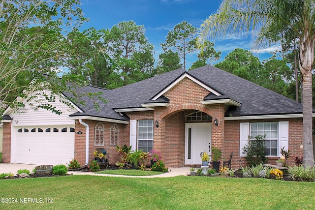 view of front of home with a front lawn and a garage