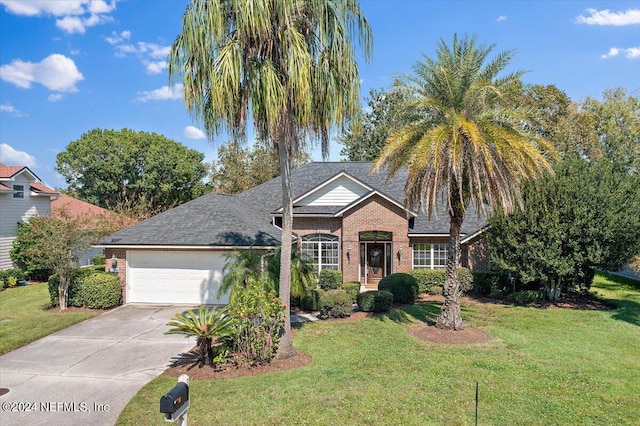 view of front facade with a garage and a front yard