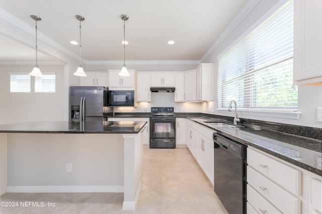 kitchen with white cabinets, sink, and black appliances