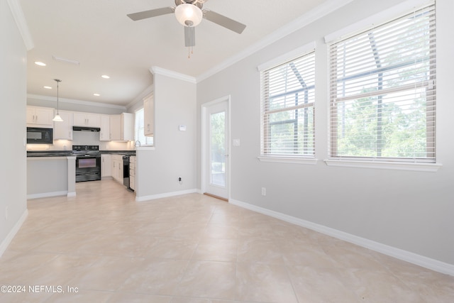 unfurnished living room featuring ceiling fan, light tile patterned floors, and crown molding