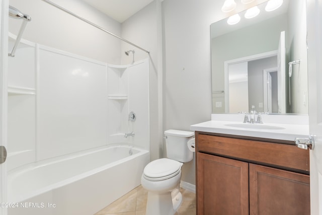 full bathroom with  shower combination, vanity, toilet, and tile patterned floors