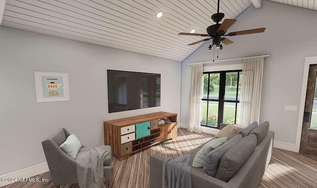 living room with lofted ceiling with beams, wood ceiling, ceiling fan, and hardwood / wood-style floors