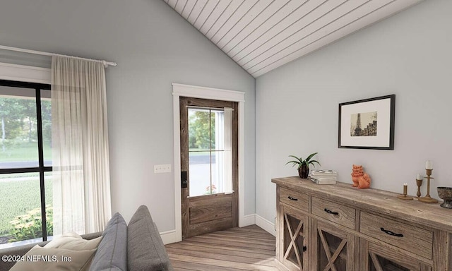 entrance foyer featuring lofted ceiling, light hardwood / wood-style floors, and wood ceiling