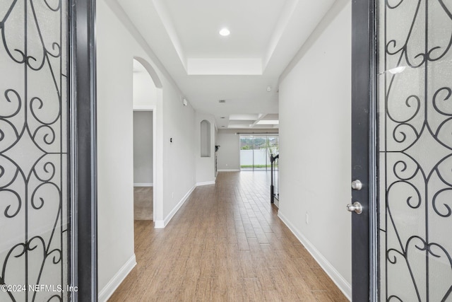 foyer featuring light hardwood / wood-style flooring and a tray ceiling