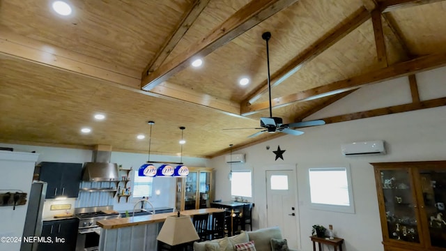 kitchen featuring ceiling fan, vaulted ceiling with beams, stainless steel gas range oven, range hood, and butcher block counters