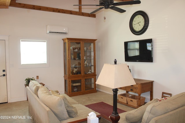 living room with high vaulted ceiling, ceiling fan, beamed ceiling, and a wall mounted air conditioner