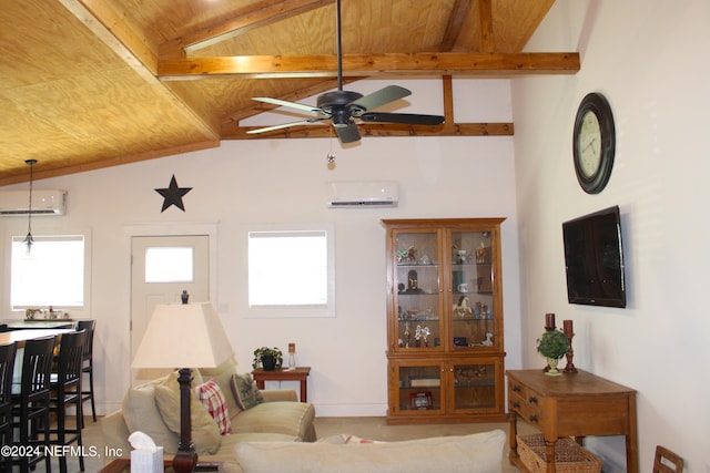 living room featuring ceiling fan, vaulted ceiling with beams, wood ceiling, and a wall mounted air conditioner