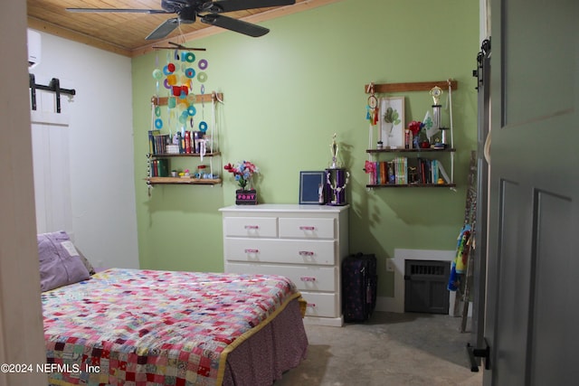 carpeted bedroom with ceiling fan and wood ceiling