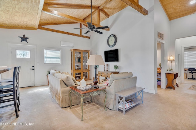17667 Andrews Rd, Hilliard, FL 32046 - living area with a ceiling fan, concrete floors, high vaulted ceiling, beam ceiling, and wood ceiling