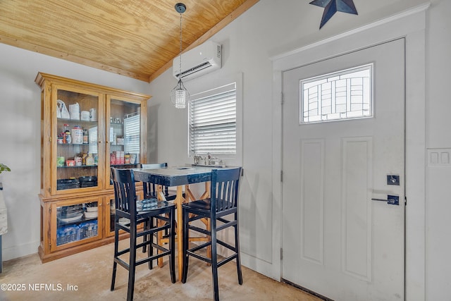 17667 Andrews Rd, Hilliard, FL 32046 - dining space with concrete floors, wooden ceiling, and a wall unit AC