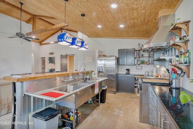 17667 Andrews Rd, Hilliard, FL 32046 - kitchen featuring open shelves, ceiling fan, appliances with stainless steel finishes, wooden ceiling, and wall chimney exhaust hood
