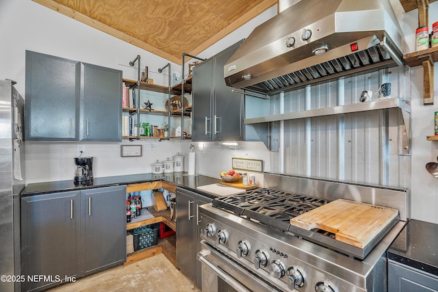 17667 Andrews Rd, Hilliard, FL 32046 - kitchen featuring high end stainless steel range oven, open shelves, dark countertops, and extractor fan