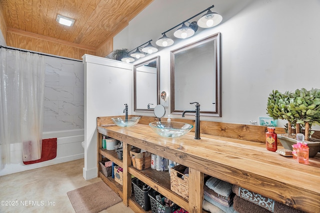 17667 Andrews Rd, Hilliard, FL 32046 - bathroom featuring a sink, shower / bath combo with shower curtain, wooden ceiling, and double vanity