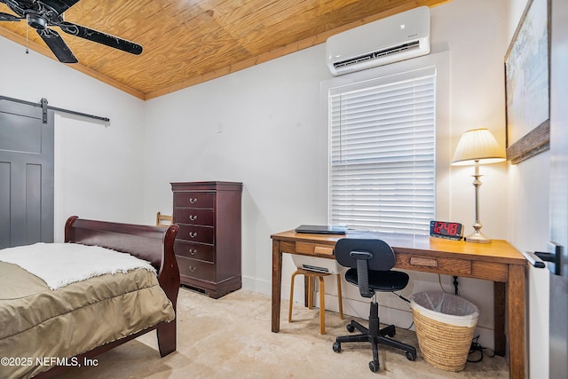 17667 Andrews Rd, Hilliard, FL 32046 - bedroom featuring a wall mounted AC, wood ceiling, a barn door, concrete flooring, and vaulted ceiling