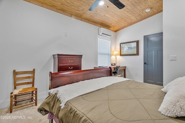 17667 Andrews Rd, Hilliard, FL 32046 - bedroom featuring carpet, ceiling fan, an AC wall unit, vaulted ceiling, and wood ceiling