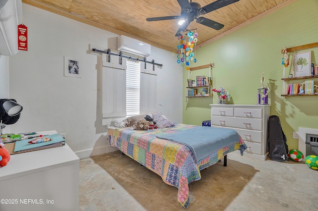 17667 Andrews Rd, Hilliard, FL 32046 - bedroom with wood ceiling, a wall mounted air conditioner, concrete flooring, a barn door, and a ceiling fan