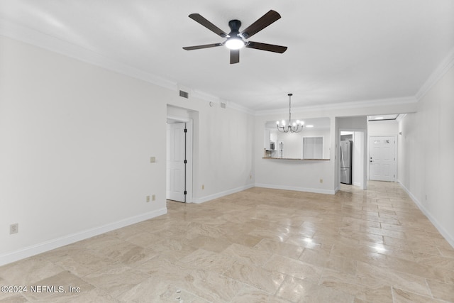 unfurnished living room with ceiling fan with notable chandelier and crown molding