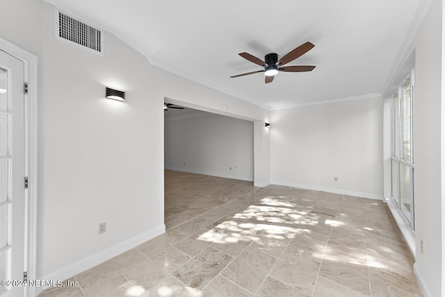 unfurnished room featuring ornamental molding and ceiling fan