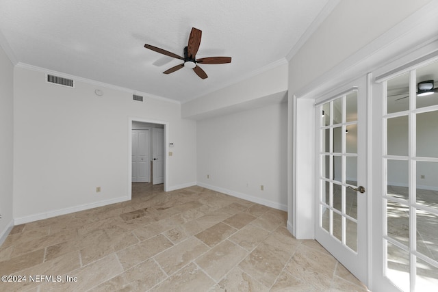 unfurnished room with a textured ceiling, ornamental molding, ceiling fan, and french doors